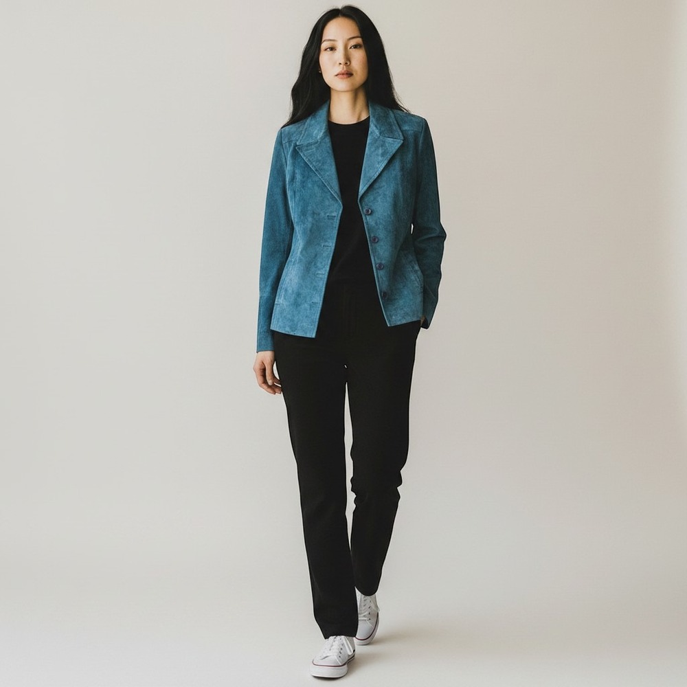 Vintage Alfani Suede Leather Blazer Jacket Womens L Teal Blue Coastal Cowgirl